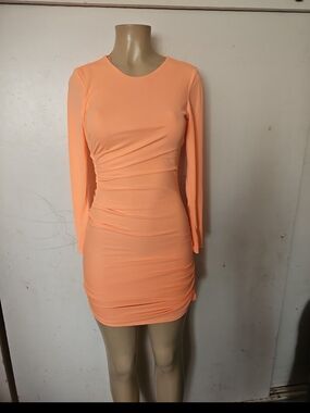 Zara Long Sleeve Ruched Bodycon Dress - Peach Orange